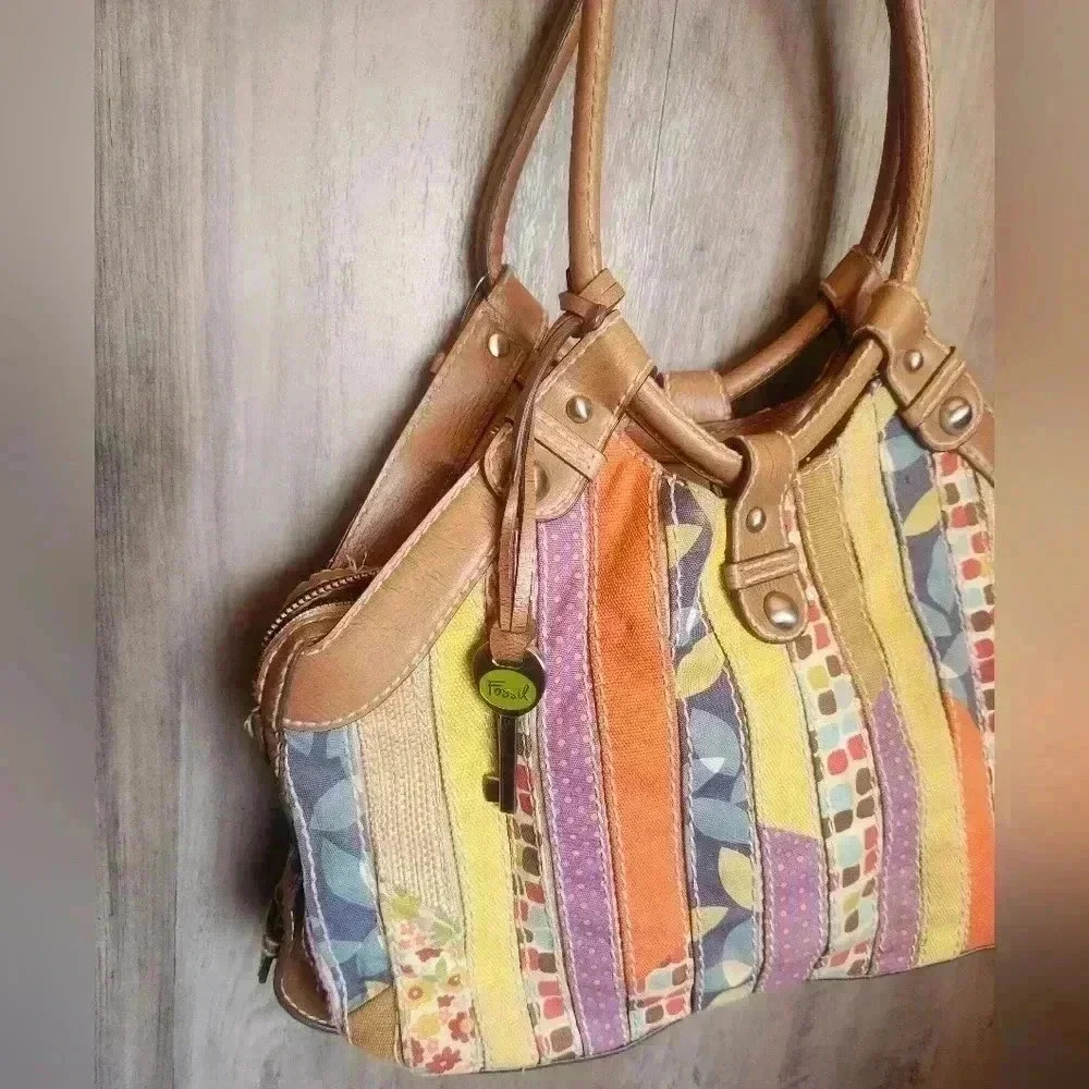 FOSSIL Patchwork Multicolor Shoulder Bag With Key… - image 2